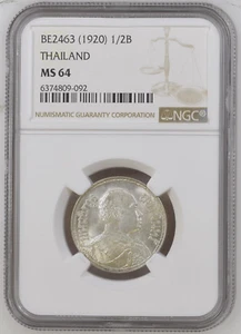 THAILAND 1/2 Baht 1920, BE2463, NGC MS 64, Fully Lustrous UNC / BU, Bright. R7. - Picture 1 of 2