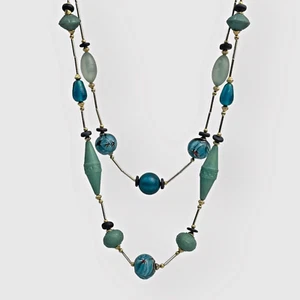 Vintage lange Perlenkette zwei Strang Meeresschaum grün blau Perlen Boho goldfarben - Bild 1 von 4