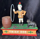 Vintage Style Cast Iron Mechanical Bank Clown Trick Dog Jumping Thru Hoop~Works
