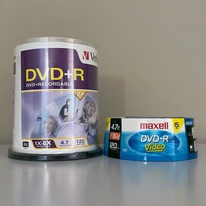 NEW! Verbatim DVD+R 4.7GB 8X (100 Pack) + Maxell DVD-R 4.7GB 16X (15 Pack) - Picture 1 of 5