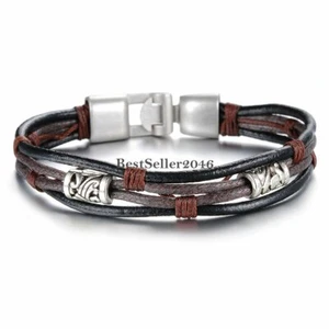 Mens Womens Faux Black Brown Braided Rope Leather Cord Wrap Bracelet Wristband - Picture 1 of 4