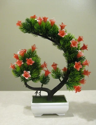 Artificial Japanese Bonsai Tree, Potted Fake Plant Red & White Flowers 11" x 9" - Image 1 of 4