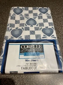 Corelle Coordinates Textiles Blue Hearts Tablecloth 70” Round NIP RARE - Picture 1 of 5