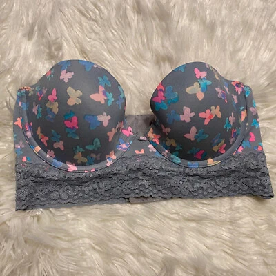 Victorias Secret ROSA 34C Bustier Gris Borde de Encaje Con Aros Cierre Trasero Sin Tirantes Foto 1 de 4
