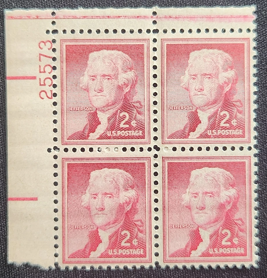 US Scott 1033 - Thomas Jefferson - MNH - 1954 Issue - Plate Block of 4 - Image 1 of 1