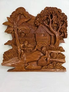 Placa de arte de pared de madera tallada a mano de colección decoración 3D pueblo pesquero granja palmera - Imagen 1 de 17