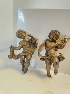 Italy Signed Vintage Art Nouveau Gold Cherubs Musical Instruments Chalkware MCM - Picture 1 of 6