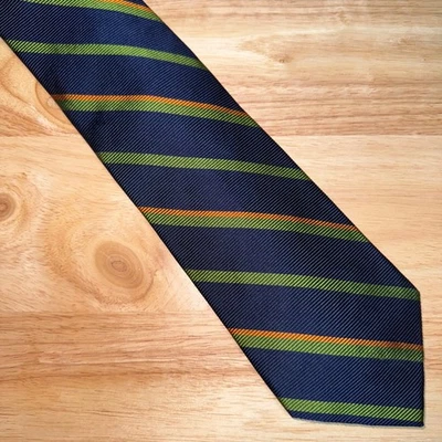 Мужской шелковый галстук Park Avenue от Mayers темно-синяя полоса зеленый золотистый Repp подготовка старые деньги - Изображение 1 из 4
