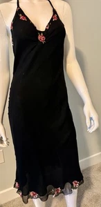 Betsey Johnson Black Chiffon halter Rose Embroidered V Back Dress Vintage S Y2K - Picture 1 of 24