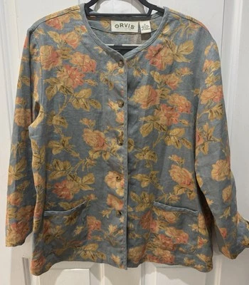 Blazer chaqueta ligera con botones floral azul lino Orvis 12 para mujer Foto 1 de 4