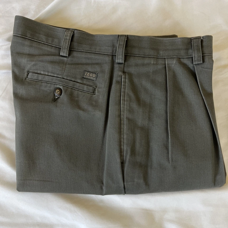 Pantalones chinos de algodón plisados dobles vintage descoloridos Izod 34x31 clásicos Foto 1 de 4
