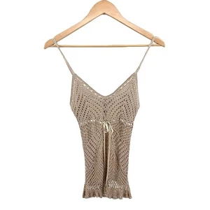 Vtg Say What? Y2K Crochet Double Layer Tank Sz L Ribbon Tie Tan Adjustable Strap - Picture 1 of 16