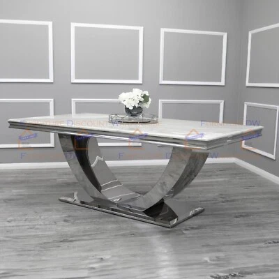 FurnitureDW Luxury Arial 180cm Dining Table White Marble Top Chrome U Stand Base