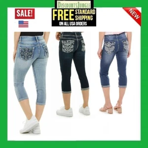 Apt.9 Women’s Rhinestone Tummy-Control Mid Rise Capris Cropped Blue Denim Jeans - Picture 1 of 42