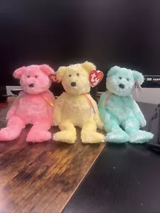 Ty Beanie Babies Sherbet Set Of 3 Bears Pink Yellow Blue 2002 Retired - Picture 1 of 1