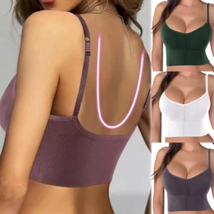 Women's Sexy Low Back Knit Ribbed Padded Bra Camisole Tank Yoga Basic Crop Tops - Picture 1 of 19