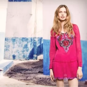 Antik Batik Damen Gr. Small Tunika-Minikleid mit Perlenverzierung Fuchsia NEU - Bild 1 von 13