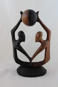 Carved Wood Abstract Figure Marriage Holding Hands World Brown Black Couple Art - Picture 1 of 14