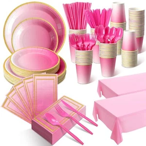452 Pcs Disposable Plates Set Party Supplies For 50 Guests Ombrehot Pink Plates - Picture 1 of 6