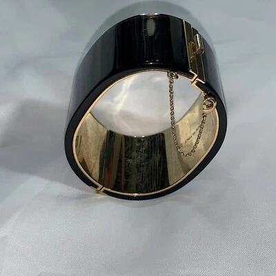 pre-loved auth CELINE PARIS 14k gold plate black Italian resin CUFF bracelet - Image 1 of 4