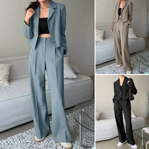 2PCS Women Long Sleeve Tops Blazer Wide Leg Pants Trousers Formal OL Work - Picture 1 of 17