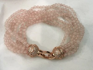 8-STRAND ROSE QUARTZ BRACELET-ROSE GOLD COLORED HOOK FASTENER-RHINESTONE CLASPS- - Picture 1 of 11