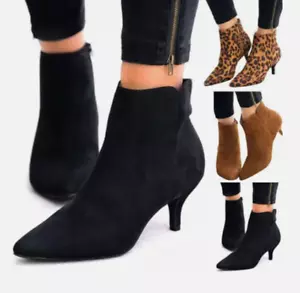 Womens Ankle Boots Low Mid Kitten Heel Work OL Pointed Toe Booties Shoes Size~ - Picture 1 of 23