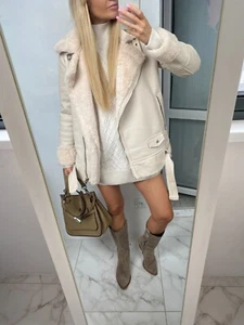 ❤️NEU BEIGE DOUBLEFACE JACKE SHEARLING JACKE WINTERJACKE AVIATOR PILOTEN BIKER - Bild 1 von 17