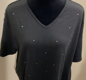 Quacker Factory Women’s Black Tee With Sparkle Studs 100% Cotton NWT Size XL - Picture 1 of 13