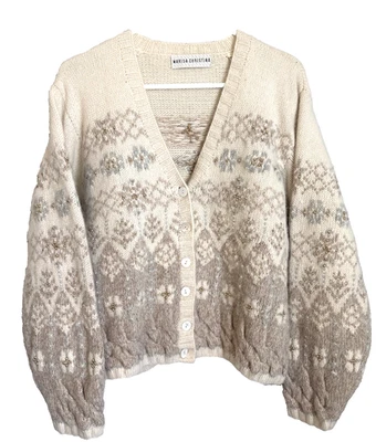 Marisa Christiana Beige Knit Beaded Christmas Cardigan Sweater Lambs Wool Medium - Image 1 of 4