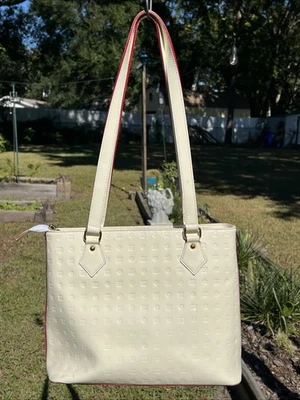 Arcadia Embossed Patent Leather Shoulder Bag Tote Satchel Off White Beige Italy - Image 1 of 4