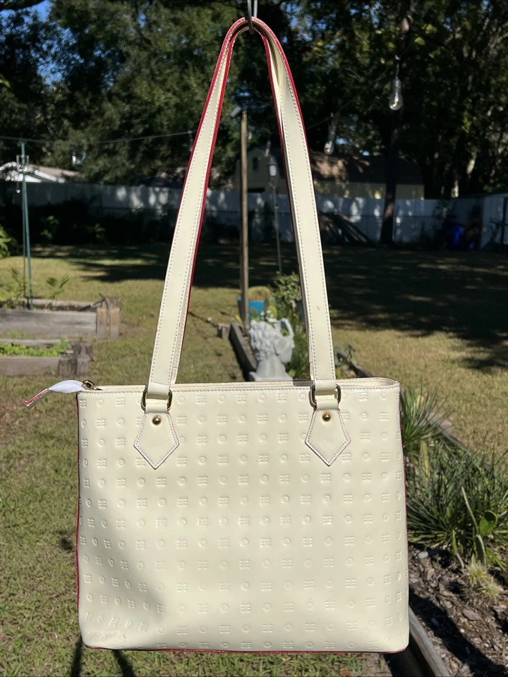 Arcadia Embossed Patent Leather Shoulder Bag Tote Satchel Off White Beige Italy - Image 1 of 4