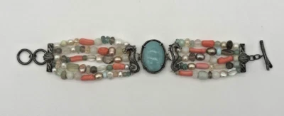 Sterling Silver Bracelet, Pearl, Moonstone, Coral, Gemstone, "M" - Image 1 of 4