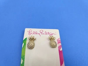 LILLY PULITZER GOLD TONE RHINESTONE PINEAPPLE STUD EARRINGS NWT - Picture 1 of 8