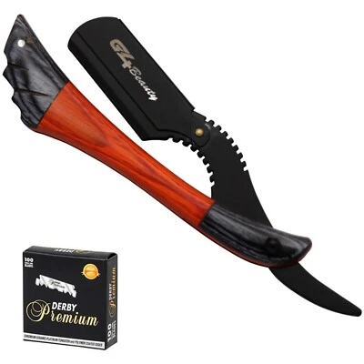 Cuchillo de garganta de corte plegable de acero inoxidable con mango de madera de peluquero de borde recto Foto 1 de 4