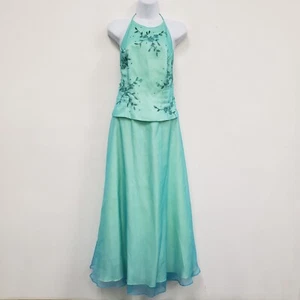 Vintage Niki Livas Womens Beaded Sheer Maxi Dress Size 16 Blue HOCO Fairy Prom - Picture 1 of 11
