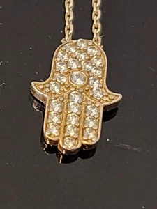 Sterling Silver Hamsa Pendant Necklace Gold Veneer Rhinestone 16-18in Adjust - Picture 1 of 15