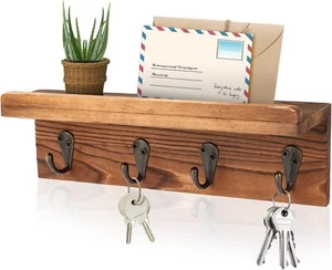 Rustic Key Holder For Wall Farmhouse Wall Shelf With 4 Hooks Wall Mounted Key Ra - Imagen 1 de 7