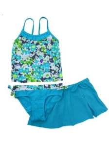 Zero Xposur Girls Aqua Floral Tankini Swimming Swim Suit With Skirt Wrap 3 PC 4 - Picture 1 of 1