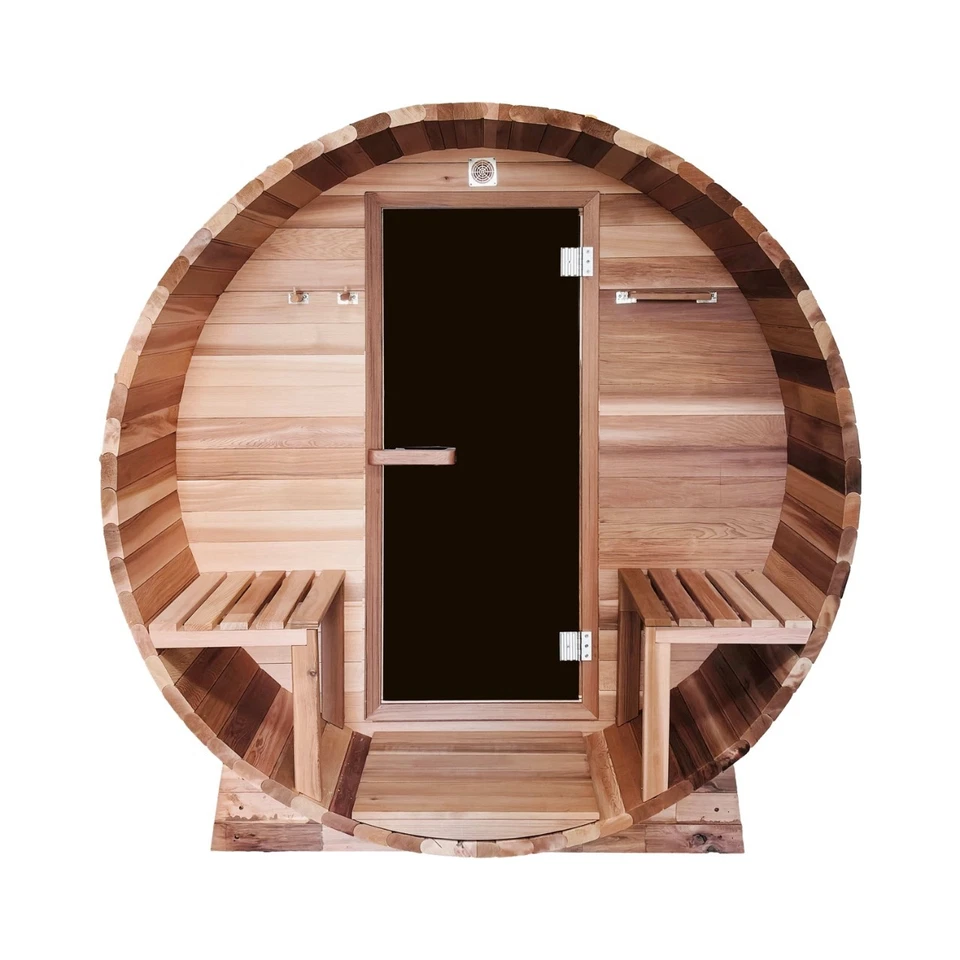 Sauna de barril, cedro rojo articulado con dedos, porche, calentador eléctrico, 8 pies, ajuste 4+2 Foto 1 de 4