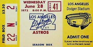 Boleto de temporada de los Dodgers de Los Ángeles 28 de junio de 1972 v Houston Astros Don Sutton - Imagen 1 de 2