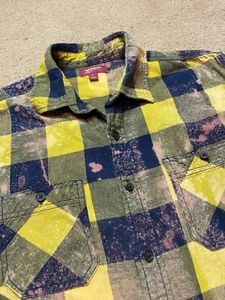 Arizona Salvage Thrashed Upcycled Yellow Plaid Flannel Rocker Shirt Zombiecore M - Picture 1 of 5