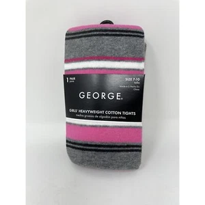 George Pink Grey White Striped Heavyweight Cotton Tights Girl’s Size 7-10 NWT - Picture 1 of 3