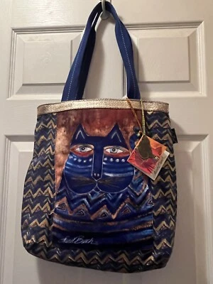 Laurel Burch Cat Tote Bag Canvas Royal Blue Gold Hand Painted Zip 14”x14”x4” NWT - Image 1 of 4