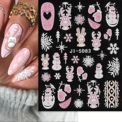 NAIL STICKERS FLOWERS TULIPS Adesivi Nail Art 5D Goffrati Natale Pupazzo di Neve Renne Fiocchi di Neve Guanti J583