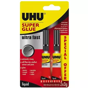 Twin Pack of UHU Super Glue Ultra Fast Liquid Glue - 2 x 3g Tubes - Free Post Pk - Picture 1 of 5