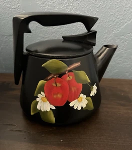 Vintage Kitchen Colletible Tea Kettle Black w/ Red Apples Kitchen Decor - Picture 1 of 22