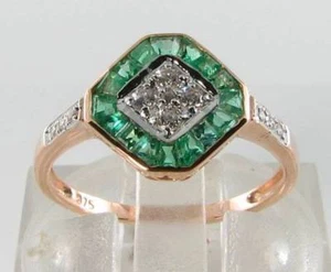 9K 9CT ROSE GOLD COLOMBIAN EMERALD & DIAMOND ART DECO INS RING FREE RESIZE - Picture 1 of 6