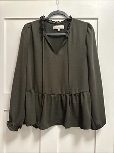 LOFT Ann Taylor Womens Ruffle Boho Blouse Sz Medium Green Top Flowy - Picture 1 of 4