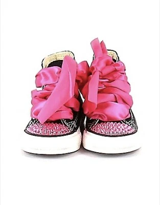 Camisetas altas Converse Chuck Taylor negras rosas cristales Sworovski cordones satinados talla 2 Foto 1 de 2